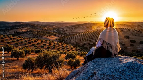 A woman in a shawl sits atop a rock overlooking olive groves at sunset, evoking tranquility and appreciation of nature's beauty.