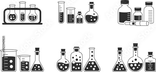 Laboratory glassware vector illustration with chemical flasks, test tubes, beakers, and bottles, science experiment equipment collection for research, chemistry, and education design