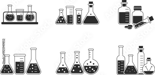 Laboratory glassware vector illustration with test tubes, flasks, and beakers, science chemical equipment collection for experiment, chemistry, research, and educational design concepts