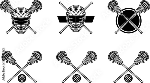 Lacrosse equipment logo set, crossed sticks with helmet and ball, sports emblem vector illustration, athletic club branding elements, varsity team badge isolated on white.