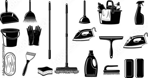 Large cleaning supply vector silhouette set, household maintenance tools and equipment, iron, broom, bucket, mop, gloves, detergent bottle graphic icons isolated.