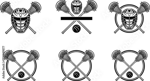 Lacrosse sports equipment logo set, professional crossed sticks with helmet and ball, athletic team league branding emblems, varsity club tournament vector illustration icons.