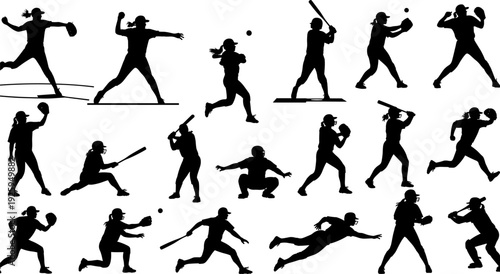 Large Collection of Softball and Baseball Player Silhouettes, Including Pitching, Hitting, Catching, and Running Actions, Representing Female Athletics, Sport, and Competition