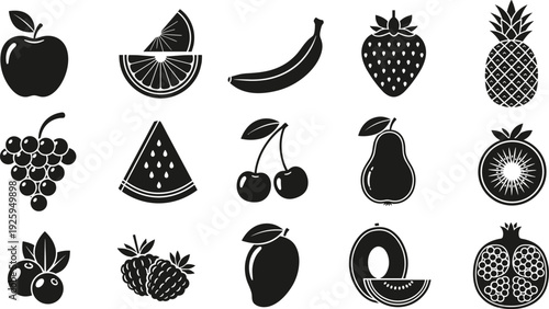 Large collection of various fresh fruit silhouettes, including tropical, citrus, and berry types, healthy organic food vector illustration icon set