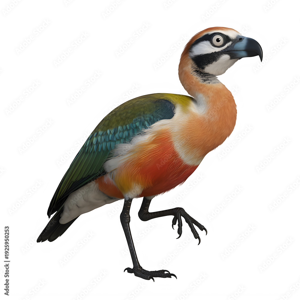 Fototapeta premium A colorful bird with orange, green, blue, and white feathers isolated on transparent background