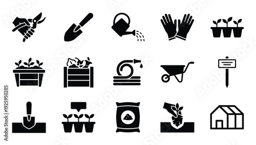 Black isolated gardening equipment and tools icon set on transparent background in vector design