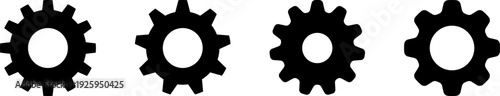 Set of four black gear icons with different numbers of teeth, industrial mechanical gear symbols in linear arrangement, engineering design and configuration elements