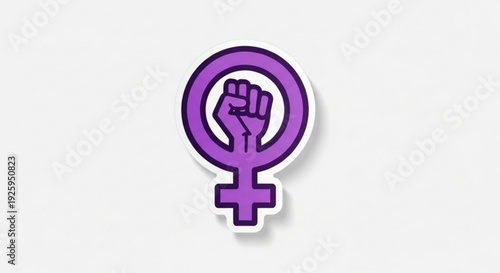 Purple feminist symbol with raised fist on white background representing women's empowerment and equality