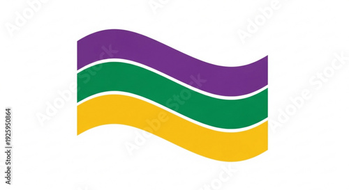 Wavy colorful flag with purple green and yellow stripes on white background symbolizing diversity and inclusivity