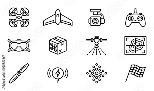 Drone technology and aerial photography icons featuring quadcopter aircraft and remote controllers