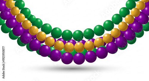 Colorful mardi gras beads necklace with purple green and gold spheres on white background party decoration and celebration accessory