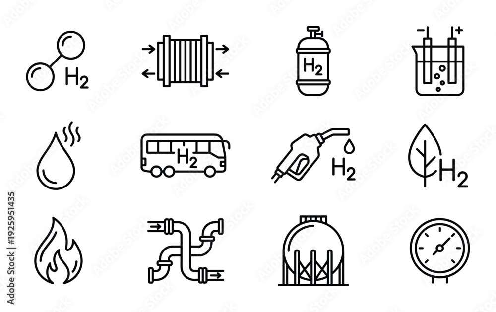 Fototapeta premium Hydrogen energy vector icon set line style alternative green power fuel cell h2 and more