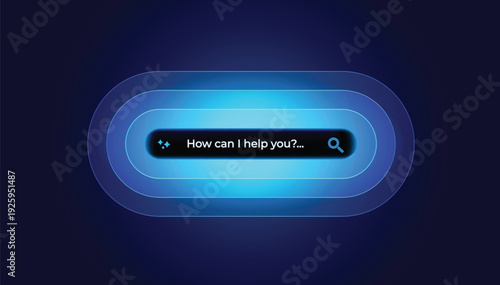 Glassmorphism futuristic AI-powered virtual assistant button for customer service, chatbot technology, and intelligent search automation. AI chatbot support for digital businesses and futuristic AI. 