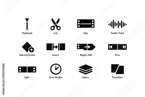 Video editing icons set: playhead, cut, clip, audio track, layers, transition, trim