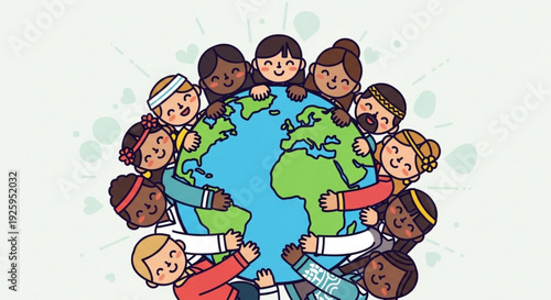 Diverse children holding hands around the earth symbolizing global unity and friendship