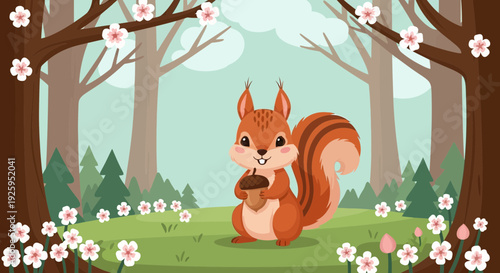 Adorable squirrel in forest with flowers and trees