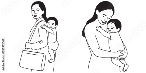 Mother carrying baby on back and in arms line art illustration of various holding positions for childcare - Mother's Day