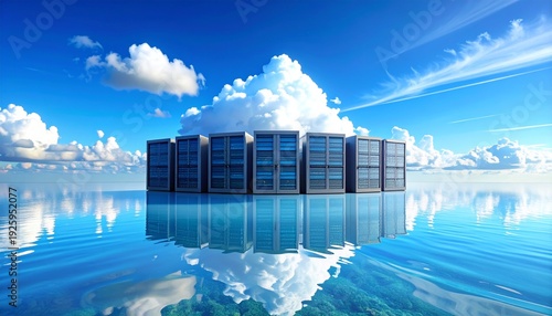 A surreal depiction of server racks embodying a cloud, floating on tranquil water under a bright blue sky, visualizing advanced cloud computing and data storage infrastructure