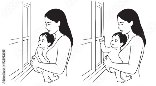 Mother holding baby looking out window and baby pointing to something outside in black and white line art - Mother's Day