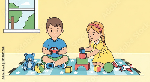 Two happy children playing with blocks and toys on a colorful rug in a bright yellow room