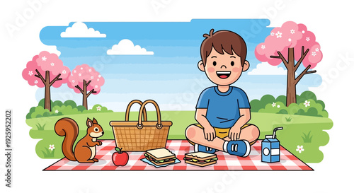 Happy boy enjoying picnic in park with friendly squirrel