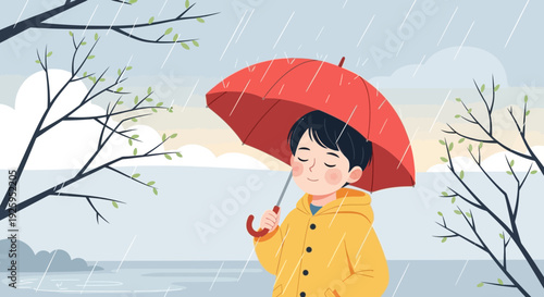 Happy child enjoying rainy day with bright red umbrella
