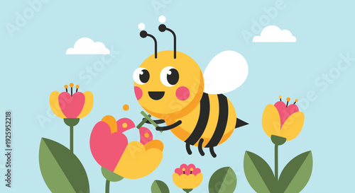 Smiling bee collecting nectar from colorful flowers in sunny garden