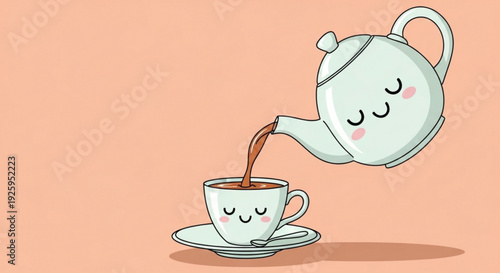 Cartoon teapot pouring coffee into a smiling cup on a saucer with a pastel background
