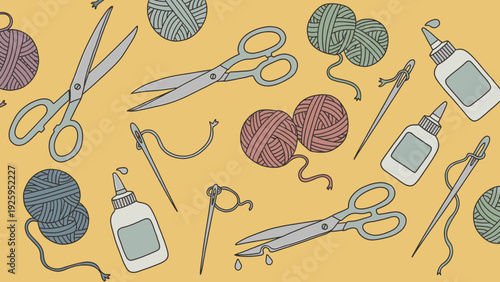 Crafting Supplies Including Yarn Scissors Needles and Glue Bottles