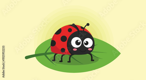 Cuadro en lienzo Adorable cartoon ladybug on green leaf with yellow glow