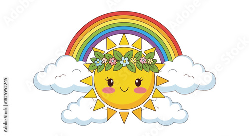 Smiling sun with flower crown under colorful rainbow and fluffy clouds