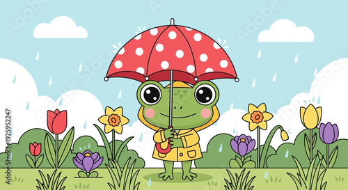 Cute frog in raincoat holding colorful umbrella on rainy day