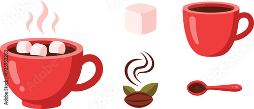 Hot Coffee Cup Vector Illustration Set with Red Mug Marshmallows Coffee Bean and Spoon Icons for Morning Breakfast and Cafe Design