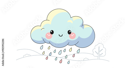 Cute smiling cloud with colorful raindrops in a cheerful landscape