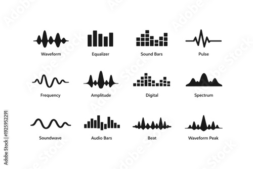Soundwave and audio bar icons set: waveform, frequency, amplitude, spectrum, pulse