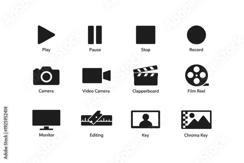 Media control icons set: play, pause, stop, record, camera, film reel, editing, key