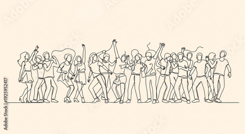 People dancing in line joyful celebration with raised arms and happy expressions lively party scene