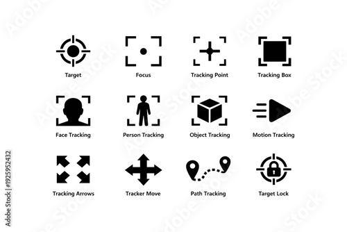 Tracking icons set: face, person, object, motion, path, target lock