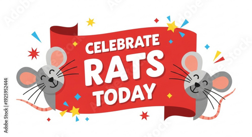 Celebratory banner with smiling cartoon rats and colorful confetti on white background for fun event promotion