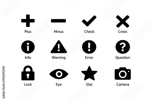 Set of black icon symbols: plus, minus, check, cross, info, warning, error, question, lock, eye, star, camera