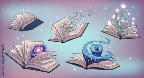 Open books with swirling magical elements and glowing lights floating in air conveying knowledge and fantasy