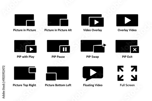 Video playback icons set: pip, overlay, play, pause, full screen