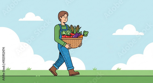 Man carrying basket of fresh vegetables on green field with clouds