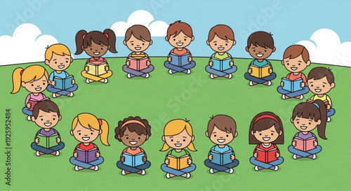 Diverse group of children sitting in a circle reading books on green hill with blue sky and white clouds