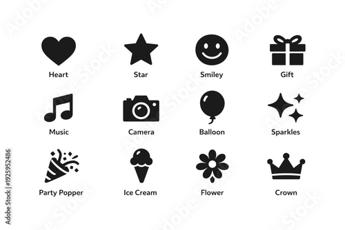 Heart star smiley gift music camera balloon sparkles icons collection