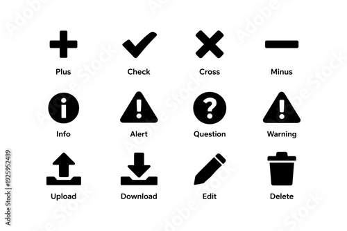 Icon set featuring plus, check, cross, minus, alert, question, and more symbols
