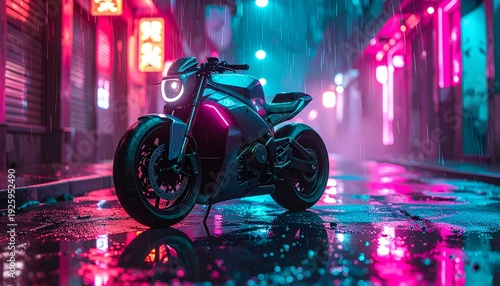 Sleek futuristic motorcycle illuminated by vivid neon lights on a rain-slicked urban street, embodying a cyberpunk night scene with glowing details and reflective surfaces