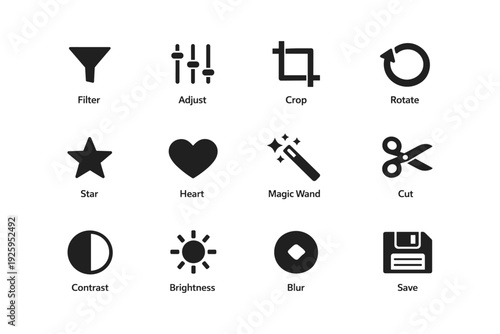 Set of twelve editing icons: filter, adjust, crop, rotate, star, heart, magic wand, cut, contrast, brightness, blur, save