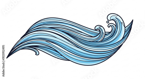 Stylized blue wave graphic with flowing lines and curling crest on white background symbolizing ocean movement and energy