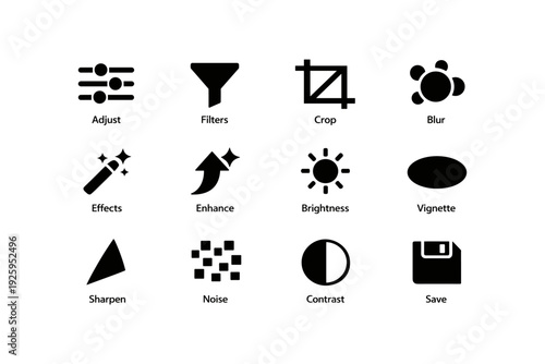 Icons for image editing: adjust, filters, crop, blur, and more tools displayed